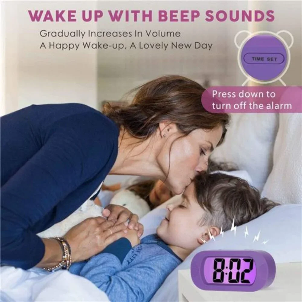 kids digital alarm clock with snooze night light travel bedside desk clock purpl